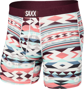 Men's quick-drying SAXX VIBE Boxer Brief - geometric pattern - burgundy.