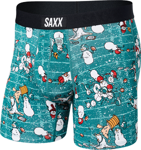 Men's quick-drying SAXX VIBE Boxer Briefs - green with snowmen.